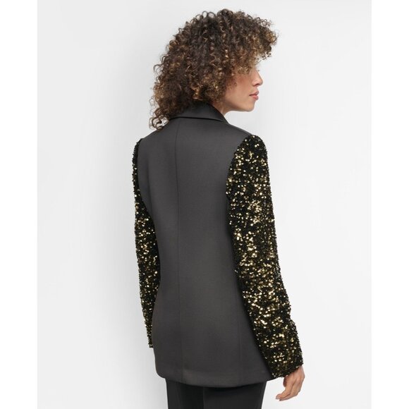 DKNY Women's Sequinned-Sleeve Single-Button Blazer Black Gold Size 6 MSRP $169 - Picture 4 of 5